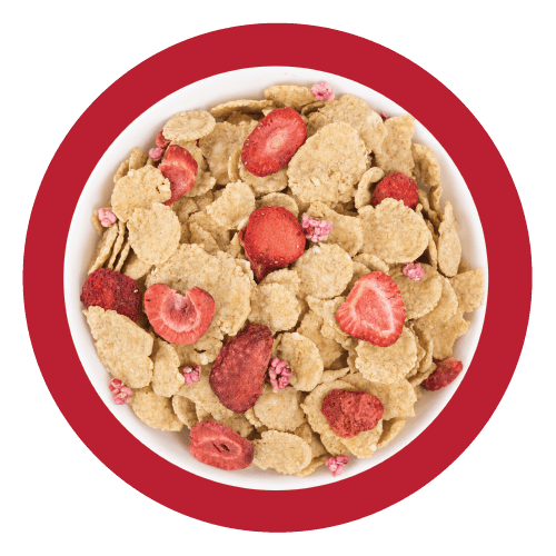 A bowl of Special K with dried strawberry and red berries