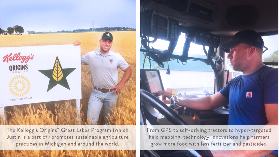 Left: Justin stands next to a Kellogg's Origins Great Lakes Program  sign. Right: Justin rides a GPS self-driving tractor.