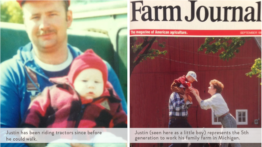 Left: Justin riding a tractor as a young boy. Right: Justin as a young boy with his family.